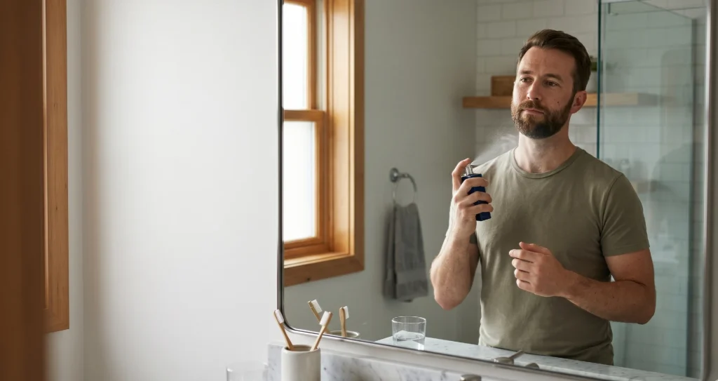 A man is applying his favourite perfume