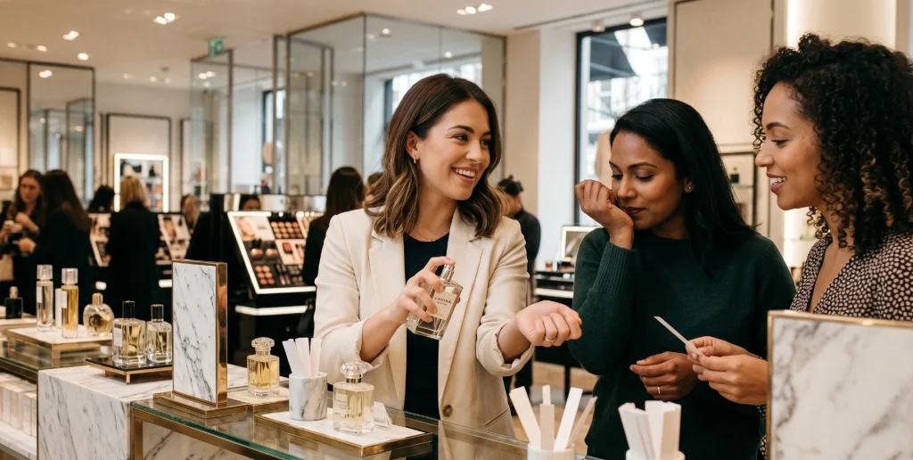Women trying out perfume in a mall: best perfume for women