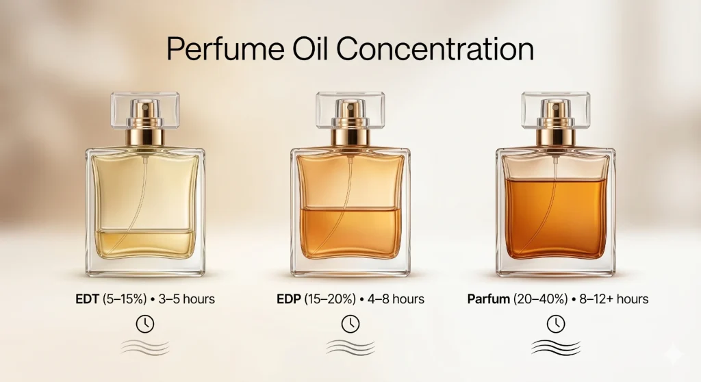perfume concentration EDT, EDP and Parfum