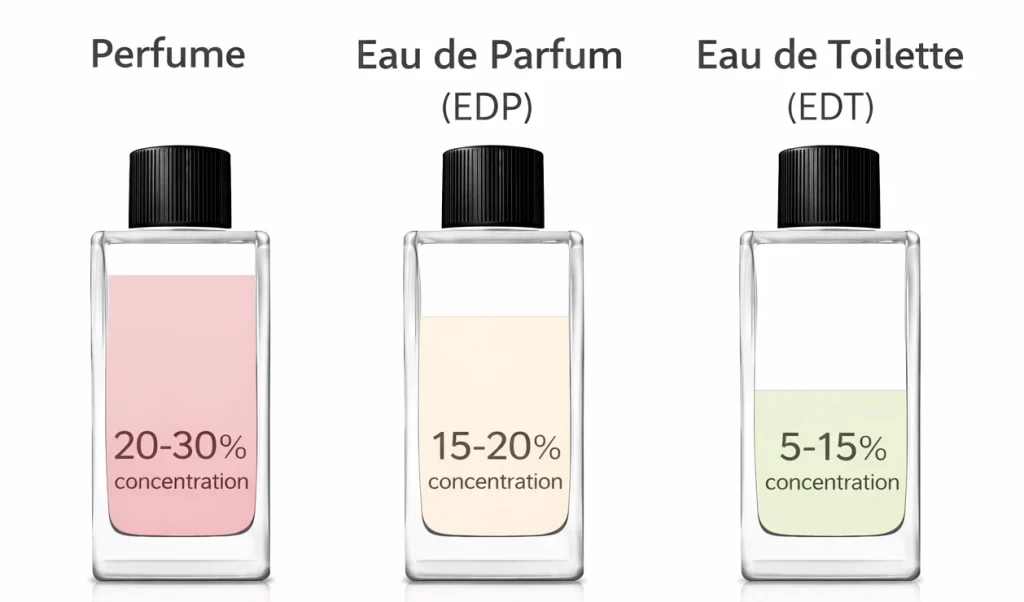 A minimal infographic showing three identical perfume bottles with different liquid levels representing Parfum (20–30%), Eau de Parfum (15–20%), and Eau de Toilette (5–15%) concentrations.