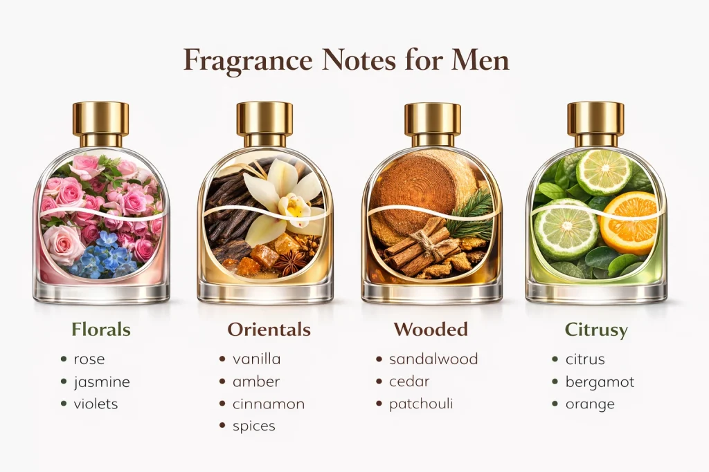 Infographic of fragrance notes for men floral, oriental, woody, and citrusy with notes and ingredient visuals in luxury perfume bottles.