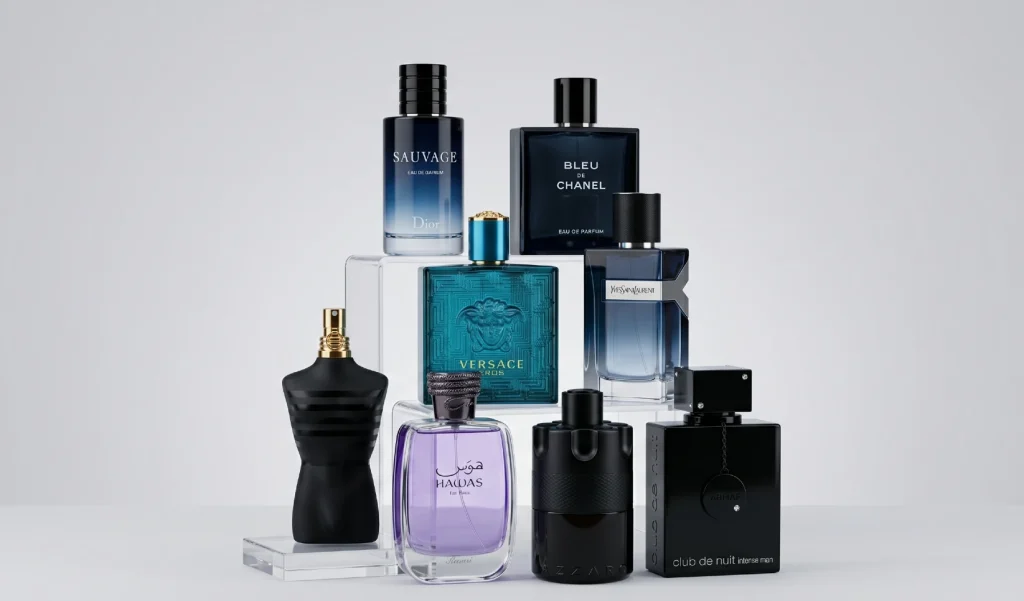 Stacked men’s perfume bottles including Sauvage, Bleu de Chanel, Eros, Hawas, CDNIM, and YSL Y in a minimal luxury layout.