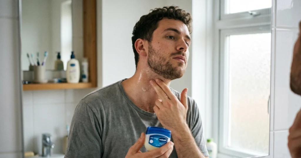 a man applying vaseline on his neck