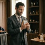 man in suit holding perfume bottle in luxury dressing room showcasing best perfume for men lifestyle