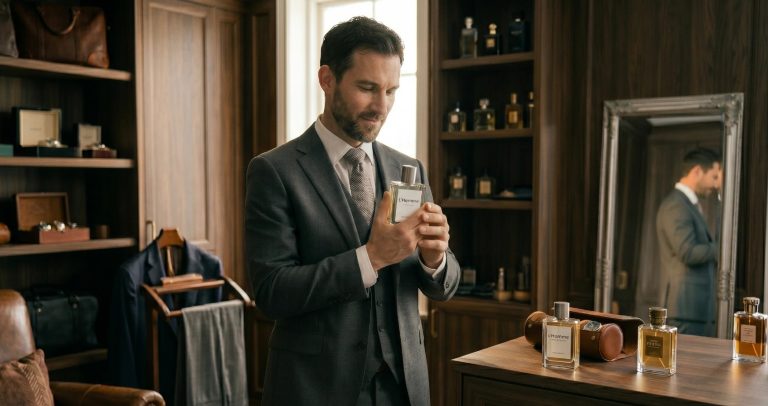 man in suit holding perfume bottle in luxury dressing room showcasing best perfume for men lifestyle