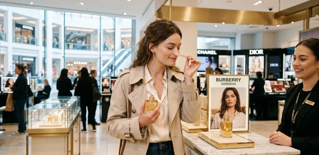 woman trying burberry goddess