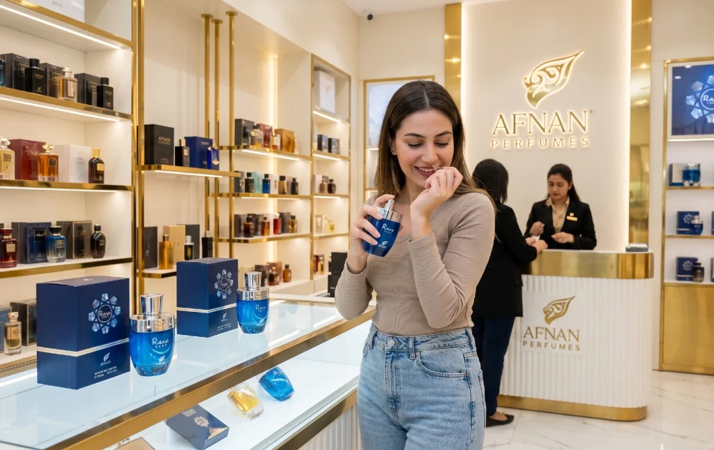 Women trying afnan rare reef perfume