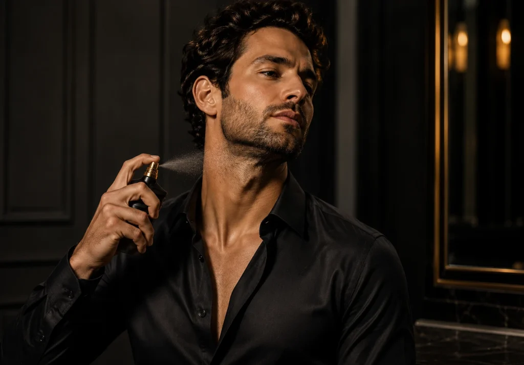 A man in his 30s applying Jean Paul Gaultier Le Male fragrance